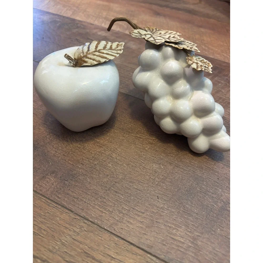Vintage White Ceramic Crackle Glaze Fruit Set Apple and Grapes Metal Leaf Decor
